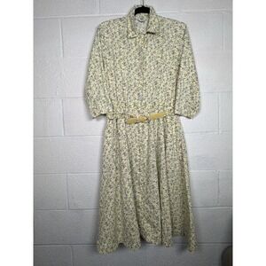 Vintage 90s Floral Shirt Dress Cottagecore Yellow Blueberry Midi Belted M/L USA